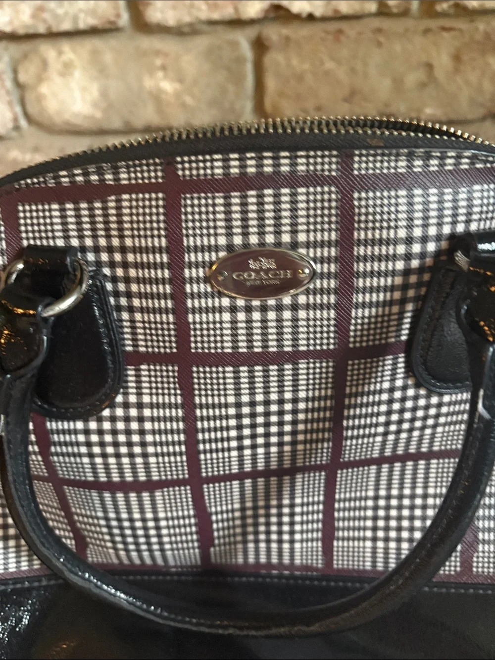 Coach Black Patent and Brown Plaid Dome Satchel